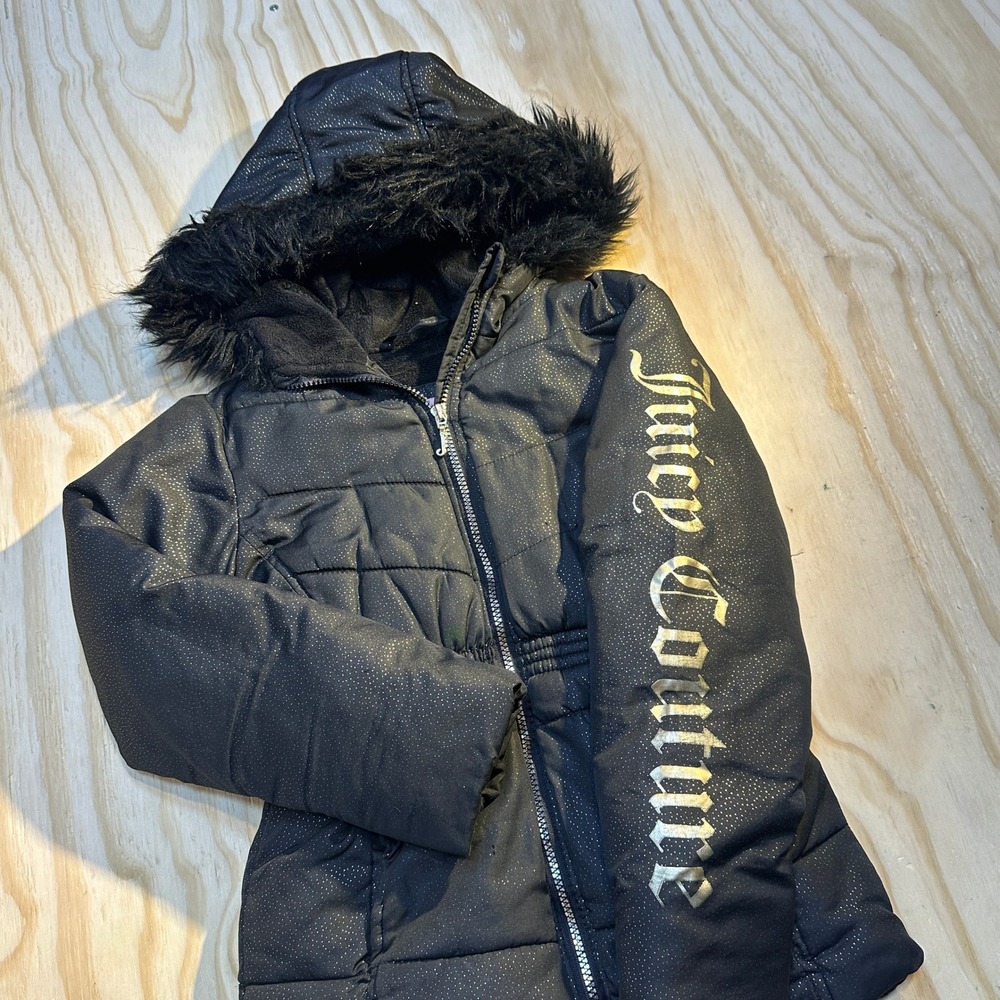Juicy Couture Girls Black Gold Shimmer Puffer Jacket Faux Fur Hood Size S 7/8